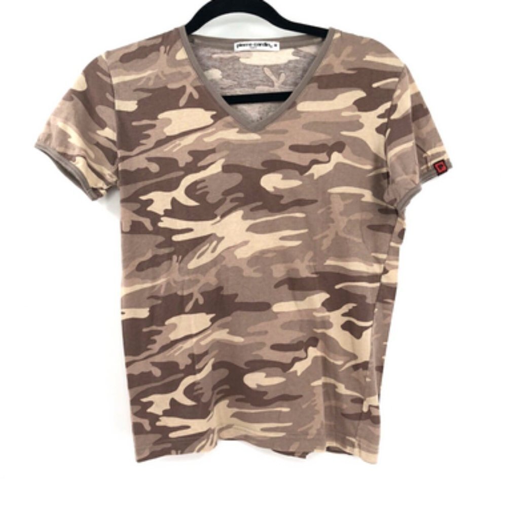 PIERRE CARDIN Camo Ringer Tee V Neck Camouflage Y2K Baby Tee Tshirt Medium VTG